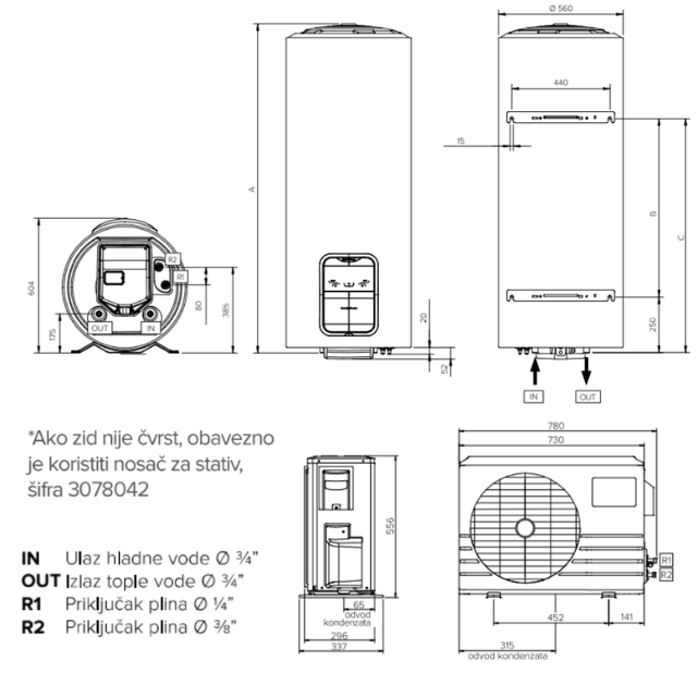 Dimenzije dizalice topline Ariston Nuos Split Inverter Wi-Fi WH 200
